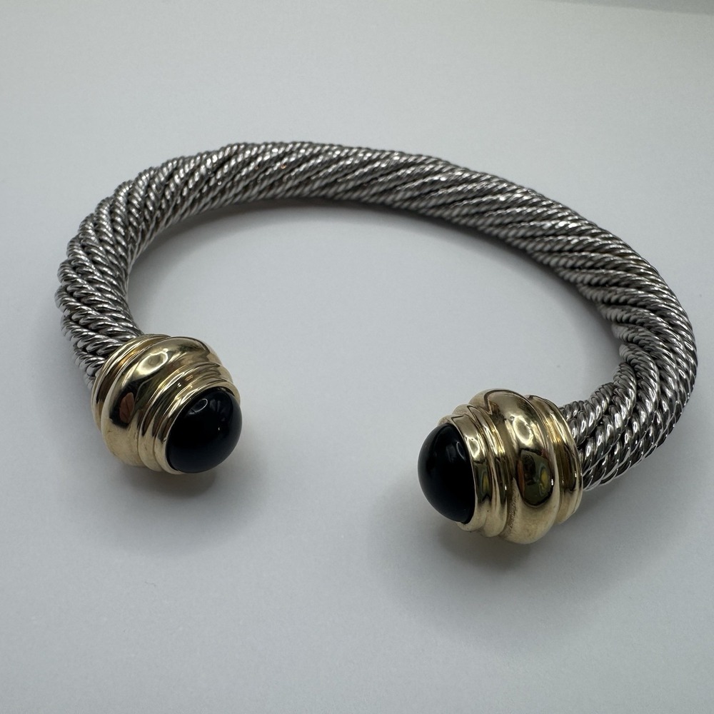 Silver Tone Twisted Cable Cuff Bracelet Black Stone End Caps Open Bangle 6"